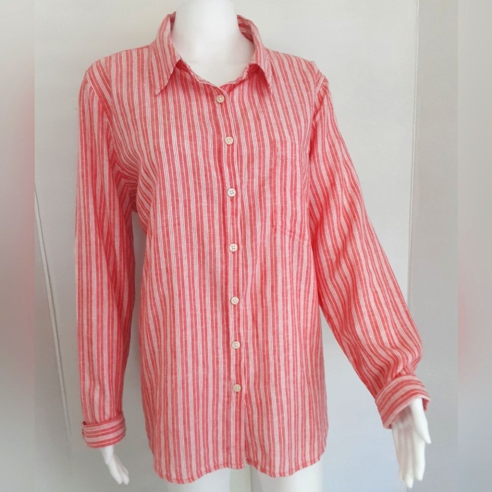 D&Co Denim & Co Flax Linen | Cotton Red White Striped Button-Down Shirt Sz XL